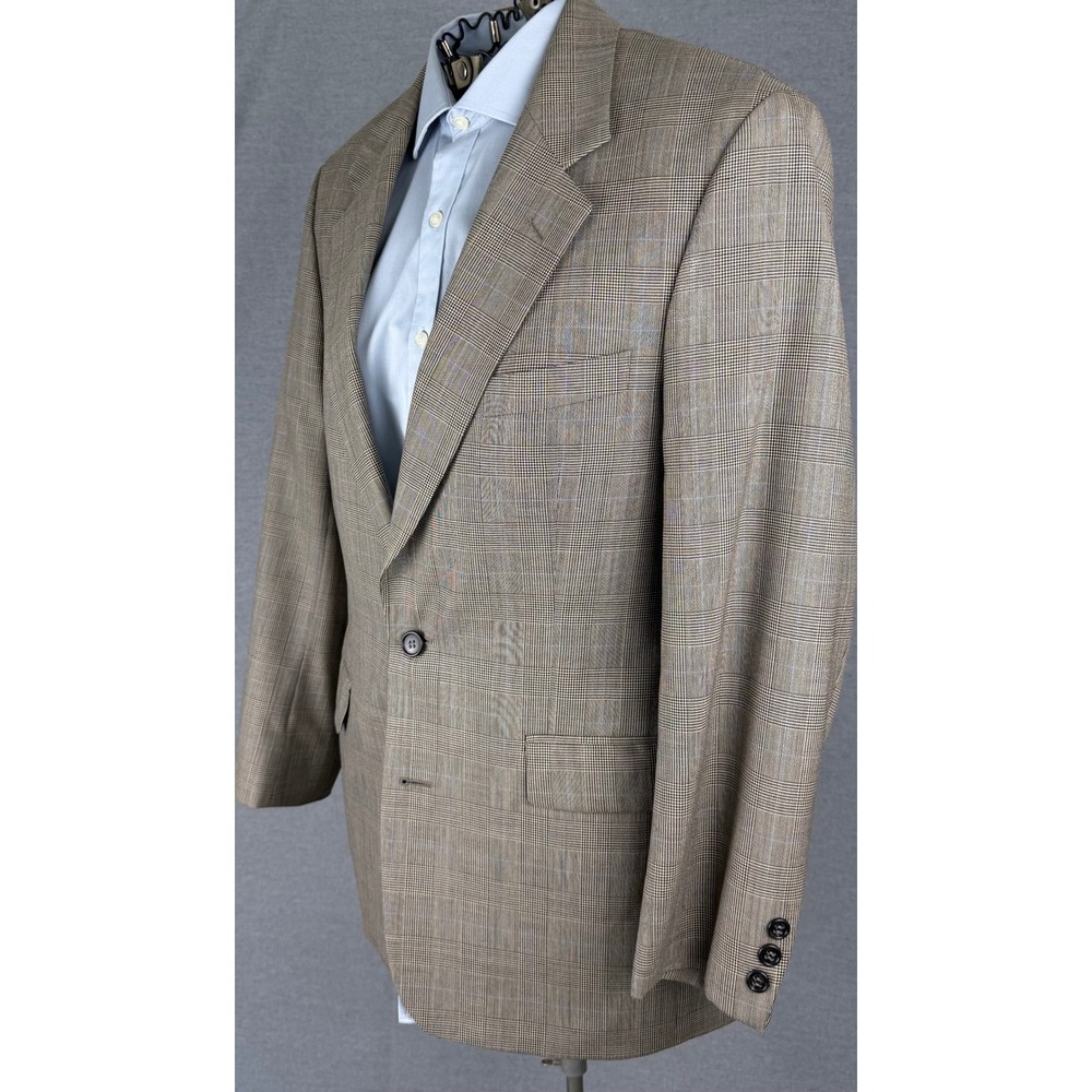 Vintage Brooks Brothers Mens 40R Wool Glen Plaid Blazer Sport Coat Tan Blue - Picture 2 of 11